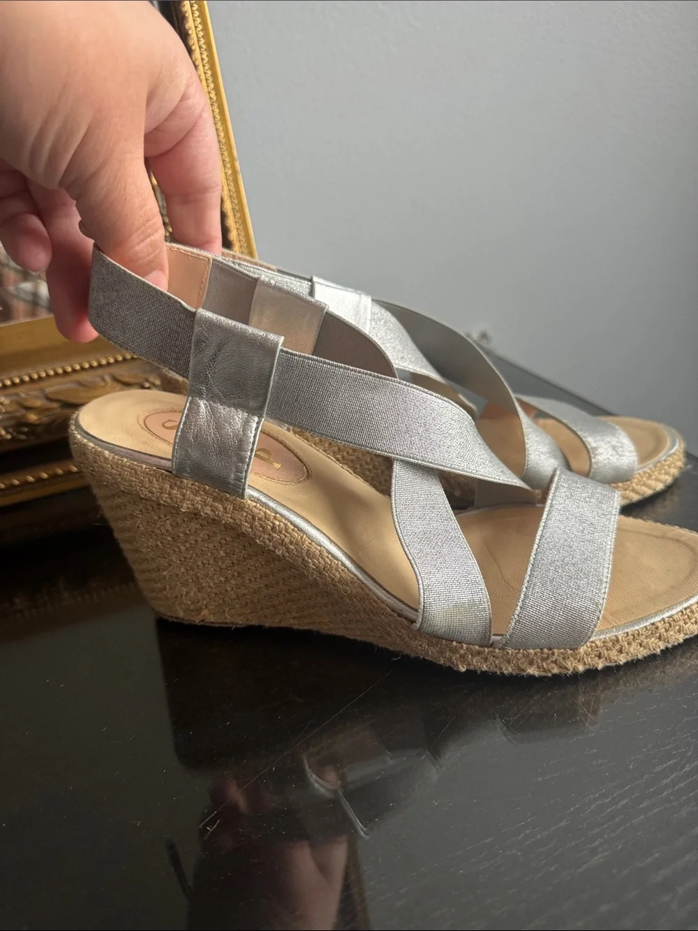 SJP by Sarah Jessica Parker Silver Metallic Espadrille Wedge Sandals size 8